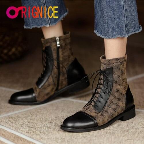 Orignice Women Ankle Boots Cow Leather Printed Fabric Patchwork Comfy Autumn Winter Casual Outdoor Lace Up Zipper Dress Shoes