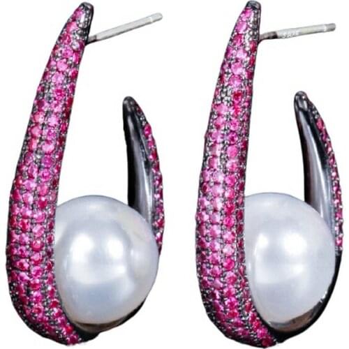 SINZRY hotsale Korean fancy jewellery AAA cubic zircon U shape pearl silver needle drop earrings for women