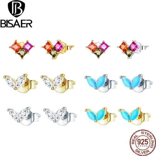 BISAER Top Quality Zircon Earrings 925 Sterling Silver Fashionable Geometric Earrings For Women Jewelry Gold Pendientes ECE1170