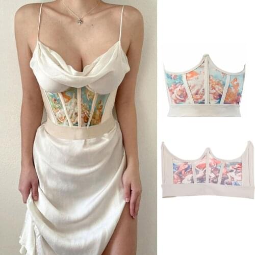 Women Retro Fish Boned Corset Wrap Girdle Angel Printed Waist Shaper Underbust Bustier Crop Top Satin Slip White Dress