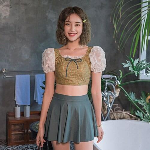 Swimsuit For Women 2021 Swimwear Bikini Swim Suit Set Little Floral Split Skirt Lace Short Sleeve Three Piece Hot Print