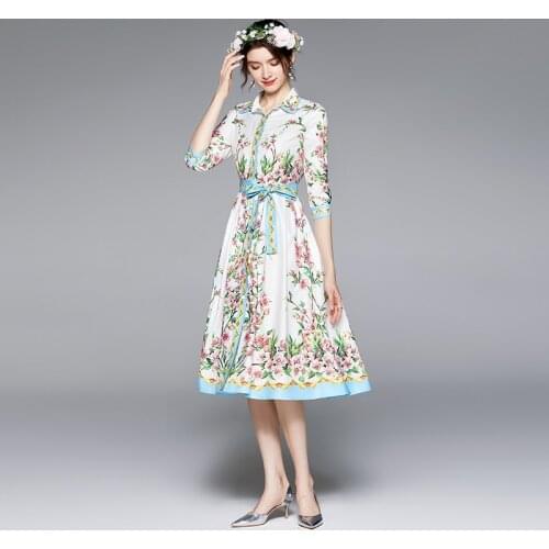 Court French Style Fresh Dress Chiffon Vintage Turn-down Collar Positioning Catwalk Printed 3/4 Sleeves Floral Dress for Women