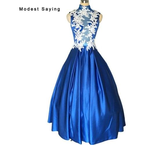 Real Elegant Sheer Blue and Ivory Ball Gown High Neck Lace Evening Dress 2017 Formal Long Party Prom Gowns robe de soiree VE308