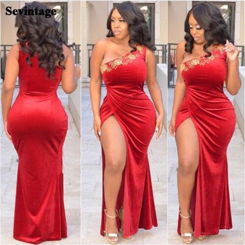 Sevintage One Shoulder Velvet Evening Dresses Gold Beaded High Split Mermaid Women Prom Gowns Pleats Caftan Arabic Party Dress