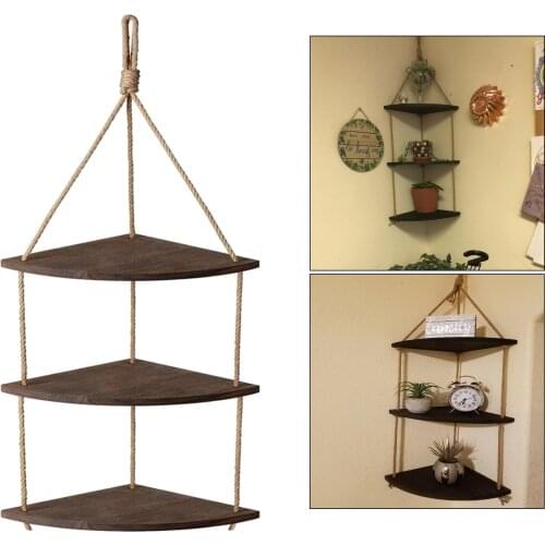 3 Layers Retro Rope Wood ing Rack Corner Wall Shelf House Storage Organizer Ladder Floating