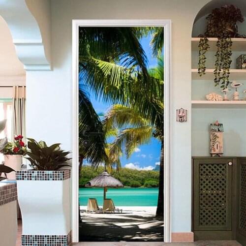 Free Shipping 3D Beach View Door Mural Wallpaper mural Wall Print Decal Wall Deco Wall Mural Photo self adhesive door wrap