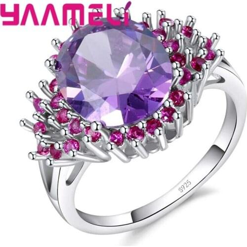 Big Promotion Sparkling 925 Sterling Silver Engagement Wedding Rings Beautiful Fushia Cubic Zircon Paved Luxury Jewelry