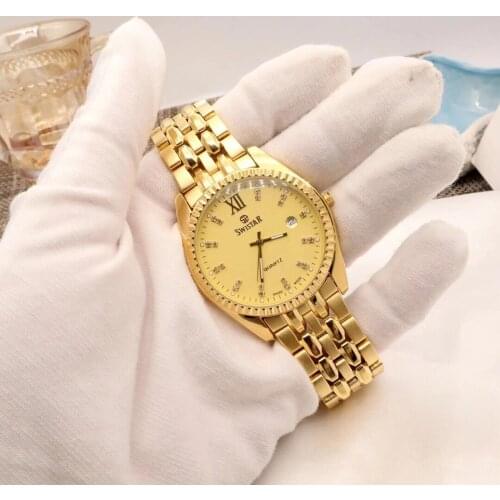 No fade brass band 2021 new couple wristwatch 24K gold mens watch retro steel leisure sports gold watch lover gift waterproof