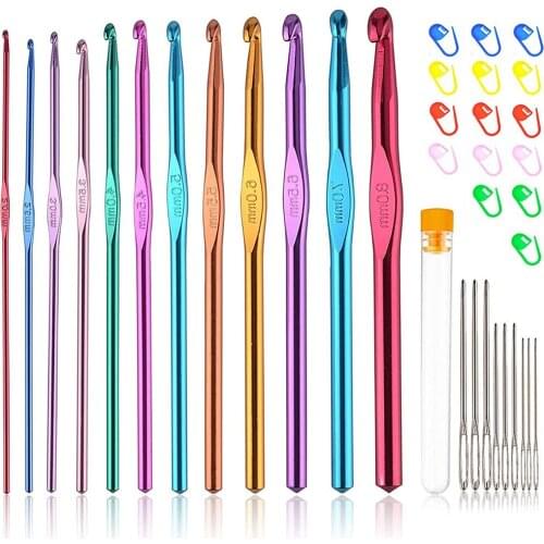 D&D 38pcs Multicolor Aluminum Crochet Hooks&Large-Eye Blunt Needles&Stitch Markers 2.0-8.0mm Professional Crochet Needles Tool