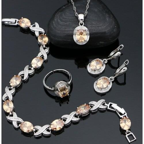 Champagne Egg-shaped Cubic Zirconia Jewelry Set 925 Sterling Silver Earrings Pendant Bracelet Chain Open Ring