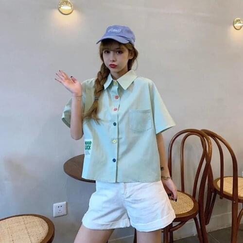 Fashion Sky Blue Shirt Girls Funny Summer Oversize Solid Shirt Women Harajuku Cool Student Tops Tee Hip Hop Korean Clothes Shirt