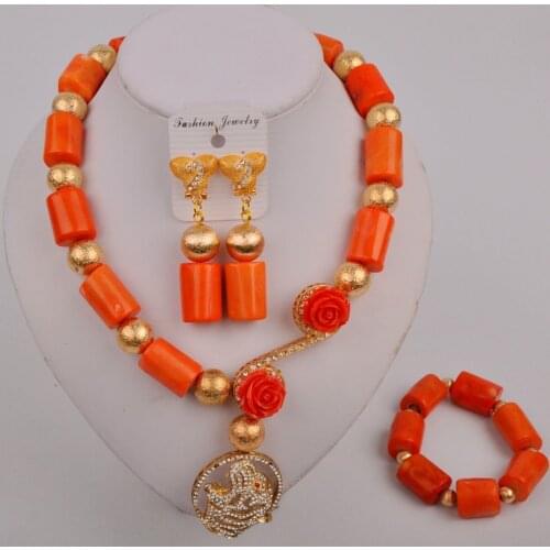 Fashion Nigerian Wedding African Jewelery Set Orange Coral Necklace Bride Jewelry Sets Free Shipping