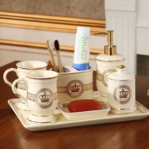 Bathroom Accessories Set Ceramic Soap Dispenser Toothbrush Holder Gargle Cups Soap Dish With Tray Wedding Gifts 4-7 Pieces set