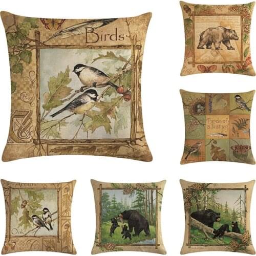 Vintage Animals Cushion Cover Bird Throw Pillow Cover 45x45cm Bear Square Pillowcase Couch Chair Decor