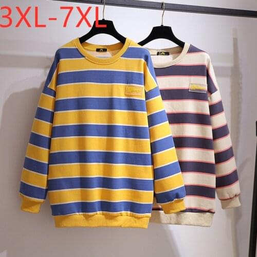 New 2021 Ladies Spring Autumn Plus Size Tops For Women Large Long Sleeve Loose Yellow Stripe Thick T-shirt 3XL 4XL 5XL 6XL 7XL