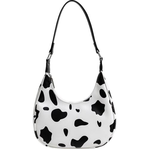 2021 Spring New Cow Pattern Contrast Color Handbag Female Hand Carrying Cute Crescent Single Shoulder Armpit Baguette Handbag
