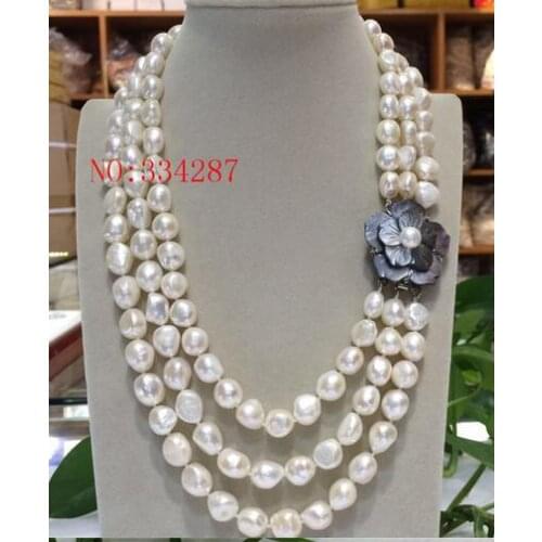 3ROW 9-10MM WHITE BAROQUE FRESHWATER PEARL NECKLACE 18-20"