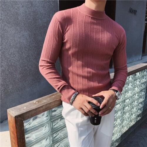 Pullover mens sweater casual striped solid color sweater mens half-high collar stretch tight sweater slim knit top