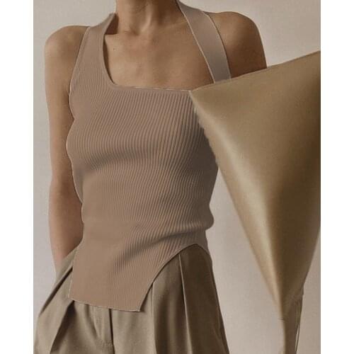 Womens Halter Tank Tops Summer Chic Square Collar Stylish Solid Color Irregular Split Hem Slim Fitting Rib Knitted Vest