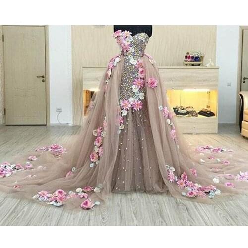 Saudi Arabic Crystal 2 Pieces Evening Dresses With Detachable Train 3D Flower Evening Gowns Beaded Party Gown Abendkleider