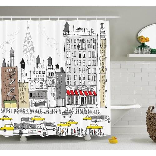Hippie Boho Americana Shower Curtain Busy City Traffic Jam Yellow Taxi Cab Urban Cartoon Style Prints Polyester Bath Accessories