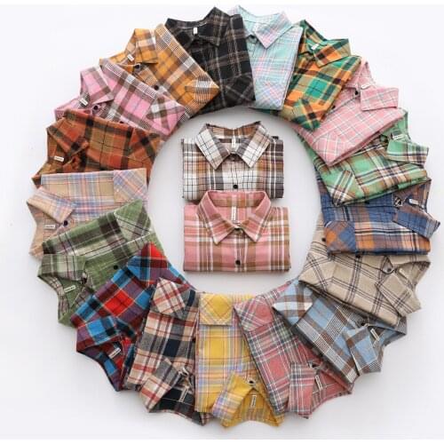 2021 Autumn Women Blouses Red Plaid Print Long Sleeve Button Casual Boyfriend Lazy Style Office Ladie Shirts Korean Version Tops