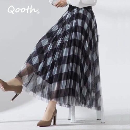 Qooth Cute Plaid Tulle Skirt Women Fashion 2020 Spring Summer Korean School Checked High Waist Pleated Maxi Skirt Female Lady