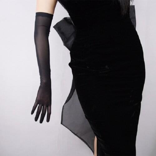 Black White 20“ Long Tulle Gloves Stretchy Lace Nylon Semi Sheer TECH Touchscreen Special Occasion Women Evening Gloves ST361