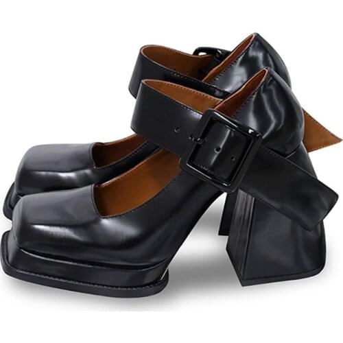 2021 Fashion New Mary Janes Shoes Women Black Patent Leather Brand High Heels Woman Square Toe Loafers Retro Pumps Shoes Women