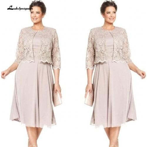 Plus Size Mother of the Bride Dresses for Weddings 2021 Chiffon Short Wedding Party Dress with 3/4 Sleeves Lace Jacket vestido