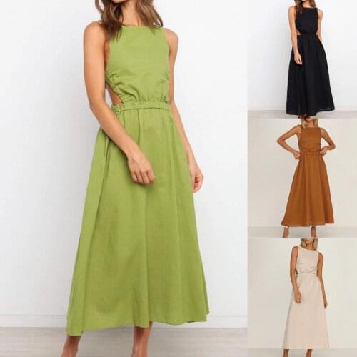 Elegant Summer Solid Backless A-line Vintage Dress Women O-neck High Waist Dress Sleeveless Sexy Long Chic Sexy Clothing Women