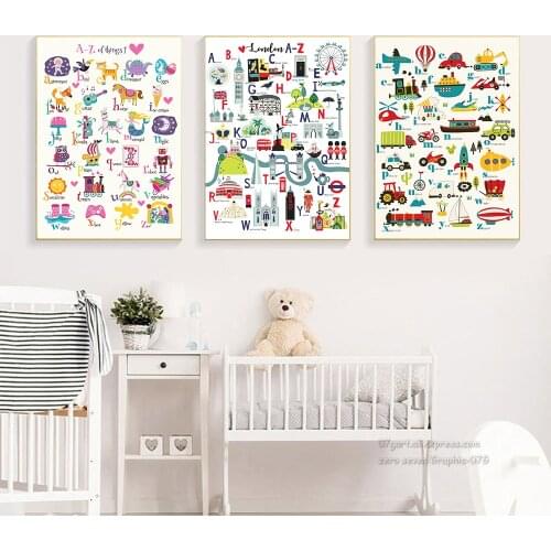 Animal Alphabet Poster Educational ABC Letter Car Canvas Painting Baby Gift Wall Art Print Picture For Kids Room Nursery Decor