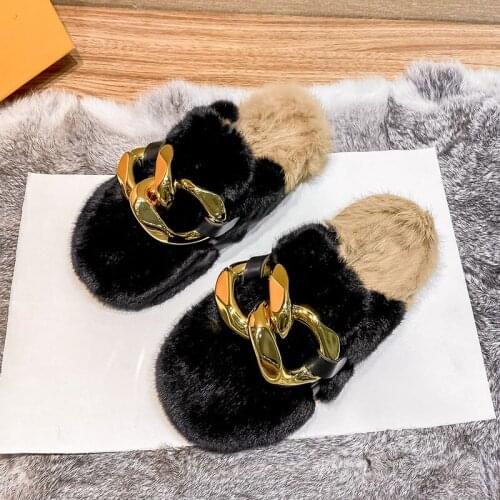 Gold Chian Fur Slippers Women Real Fox Fur Slides Home Furry Flat Sandals Female Cute Fluffy House Shoes Woman Brand Luxury 2021