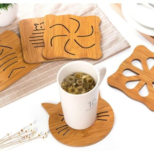 2PC Wood Thermal Insulation Antiskid Snowflake Square many kinds Patterns Coaster Home Decorations Tea Table Pads