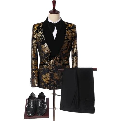 2019 Elegant Black Velvet Gold Flower Double Breasted Groom Tuxedo For Men Wedding/Prom Suits Mens Suits With Pants Bridegroom