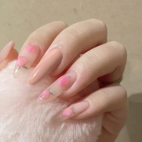 24pcs False Long Press On Nail With Glue Pink Peaches Wear Full Cover Fashion Manicure Patch Perfect Gift For Girl Nail Art Tip