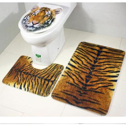 3Pcs/set Bathroom Non-Slip Tiger Texture Pedestal Rug + Lid Toilet Cover + Bath Mat