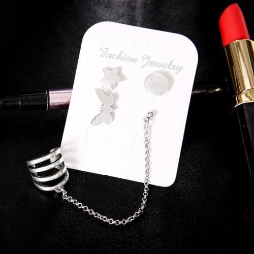 48 pieces/lot Silver Color Stud Earrings Set For Women Long Chain Ear Clip Pentagram Star Earring Accessories Vintage Jewelry