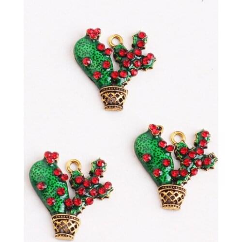 Free Shipping 10PCS 25*26MM Vintage Gold Tone Alloy Enamel Pendant Charms Cactus Plant Rhinestone Ornament Charm Craft Decor
