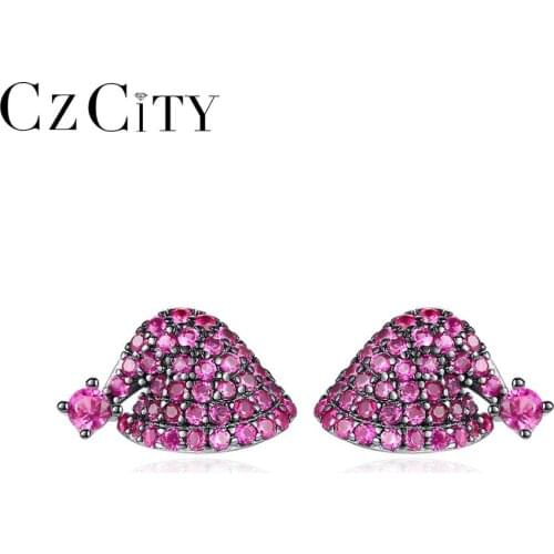 CZCITY Cute Hat Shape Red Spinel Gemstone Stud Earrings for Women Fine Jewelry 925 Sterling Silver Brincos Christmas Gift SE0361