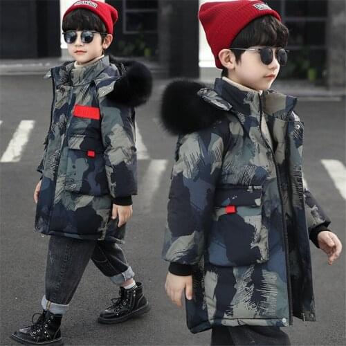 Kids Boy Winter Jackets Fur Hooded Camouflage Long Thick Warm Snow Coat Childrens Parka Clothes for Teen Boys 8 12 15 Years Old