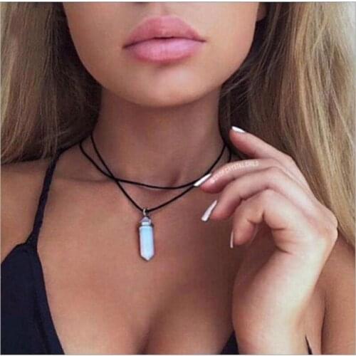 Two layers black PU leather choker Necklace color Hexagon crystal prism pendant silver plated