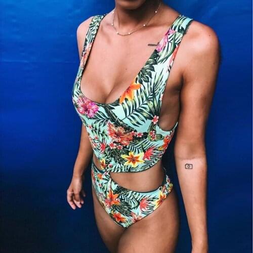 Double Sides Bathing Suit One Piece Woman Swimsuit Floral Print Bodysuit Green Monokini Girl Swimwear Cut Out Beachwear Trikini