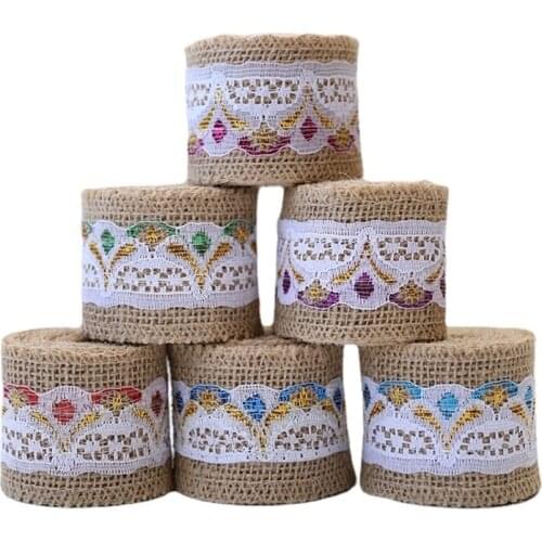 2m Burlap Jute Ribbon Hessian Ribbons Roll with Lace Trim for Wedding Christmas Party Crafts Gifts Wrapping Decorations
