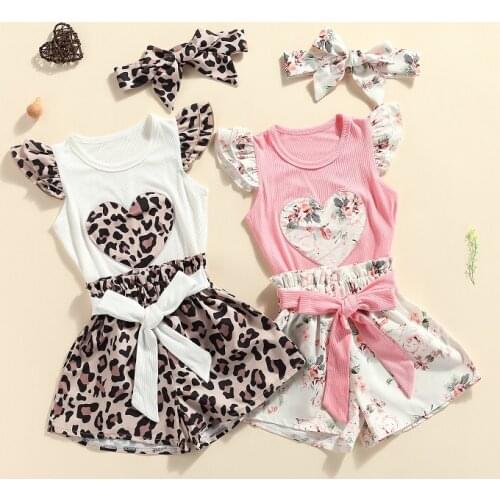 FOCUSNORM 3pcs Infant Baby Girls Clothes Sets Leopard/Floral Printed Fly Sleeve Romper Tops Shorts Headband 0-24M