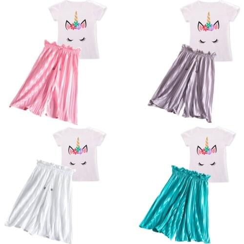 Girls Kids Clothes Set Unicorn T-shirt Top +Loose Wide Leg Cropped Pants Sport Outfits Children Summer Short Sleeve Tracksuit