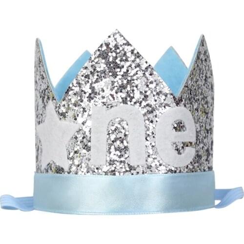 One Year Old Glitter Hat Twinkle Little Star Crown Kids First Birthday Party Hat 1st Cake Glitter Crown Boys Party Silver Blue