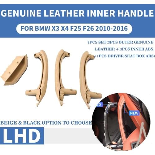LHD RHD Genuine Leather Beige Car Front Rear Left / Right Interior Door Handle Inner Panel Pull Trim Cover For BMW X3 X4 F25 F26