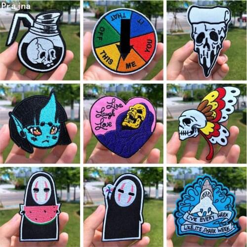 Prajna Cartoon Anime Patches Skull Butterfly Embroidery Patches For Clothing DIY Iron On Patches On Clothes Kids Black Cat Patch