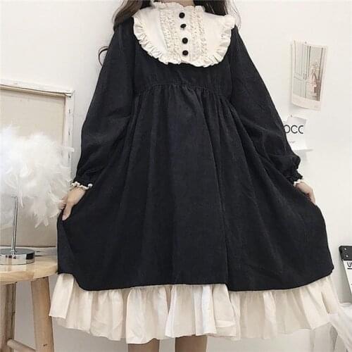 Japanese Style Lolita Dress Girl 2021 Autumn Spring Cute Womens Dresses High Waist Contrast-Color Ruffled Sweet Kawaii Clothing